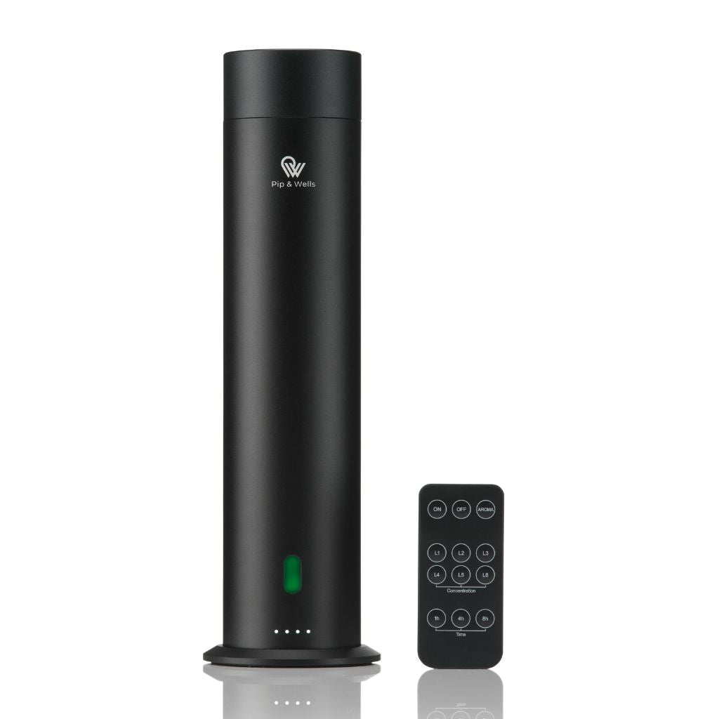 Cordless waterless diffuser: the black Pip & Wells Pure One aroma diffuser with remote control.