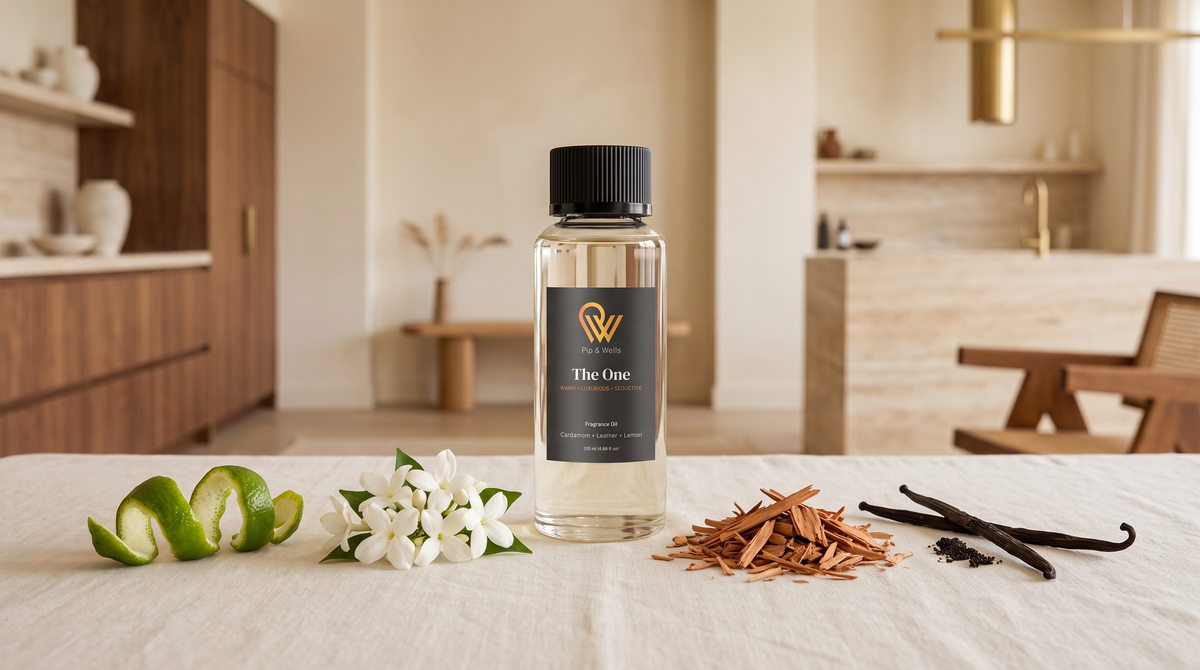 Aceite aromático The One rodeado de piel de cítricos, jazmín, sándalo y vainilla, sus notas de salida, corazón y fondo.