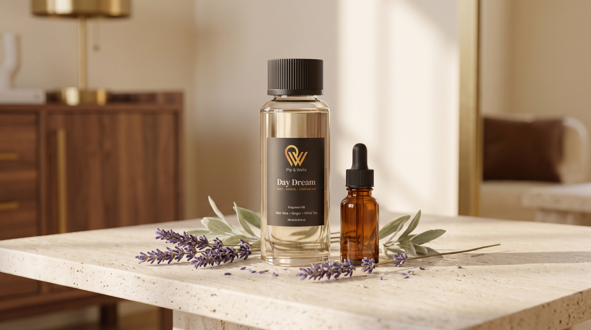 Aceite para difusor Day Dream junto a un frasco cuentagotas ámbar de aceite esencial y lavanda seca.