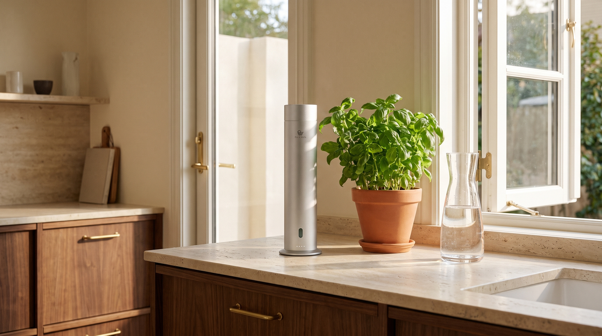 Difusor Pure One en acabado Matte Silver junto a albahaca fresca en una cocina espaciosa con la ventana abierta.