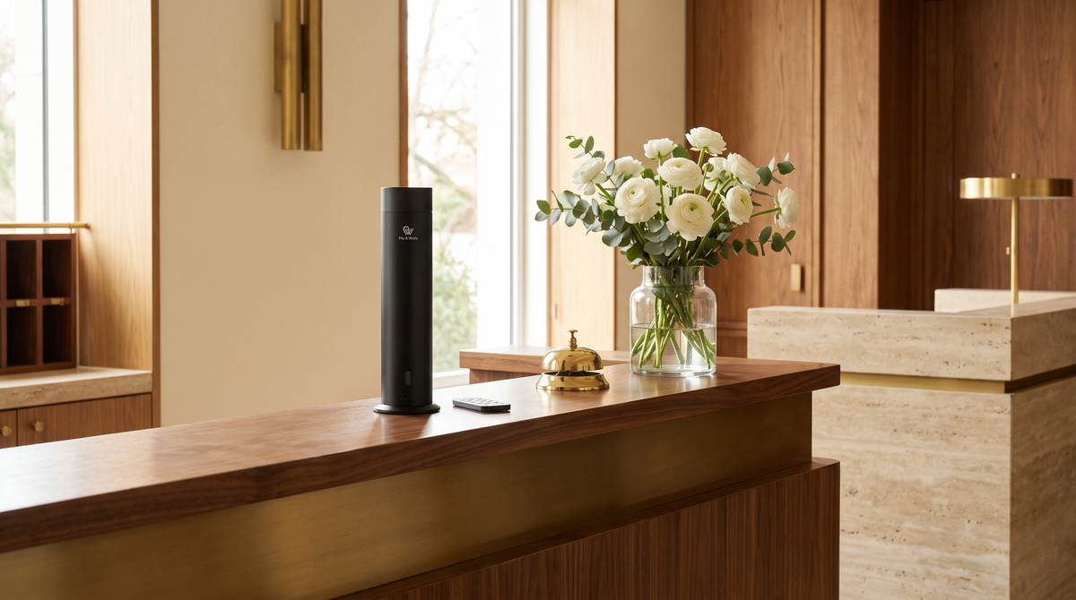Difusor Pure One en acabado Matte Black sobre un mostrador de recepción de nogal y latón en el vestíbulo de un hotel boutique.