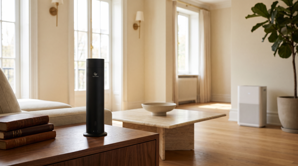 Difusor Pure One en acabado Matte Black sobre una mesa auxiliar de nogal, con un purificador de aire al otro lado del salón.