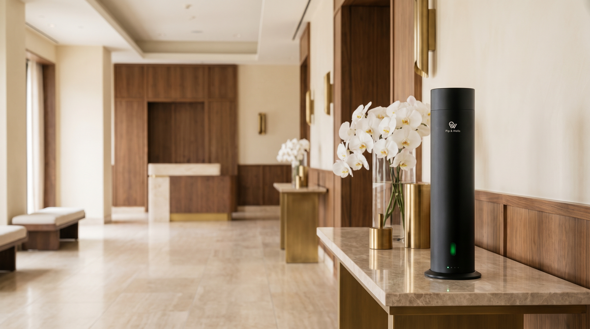 Difusor Pure One en acabado Matte Black con orquídeas blancas sobre una consola de mármol en el vestíbulo de un hotel de lujo.