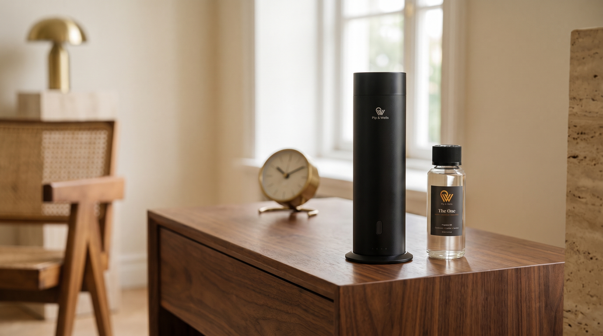 Difusor Pure One en acabado Matte Black junto al aceite aromático The One y un reloj de mesa de latón sobre una mesa auxiliar de nogal.