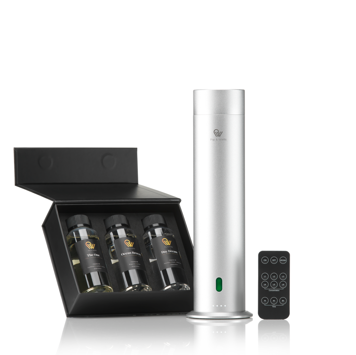 Silver Aroma diffuser with remote control next to a black box containing three bottles of hotel fragrances.