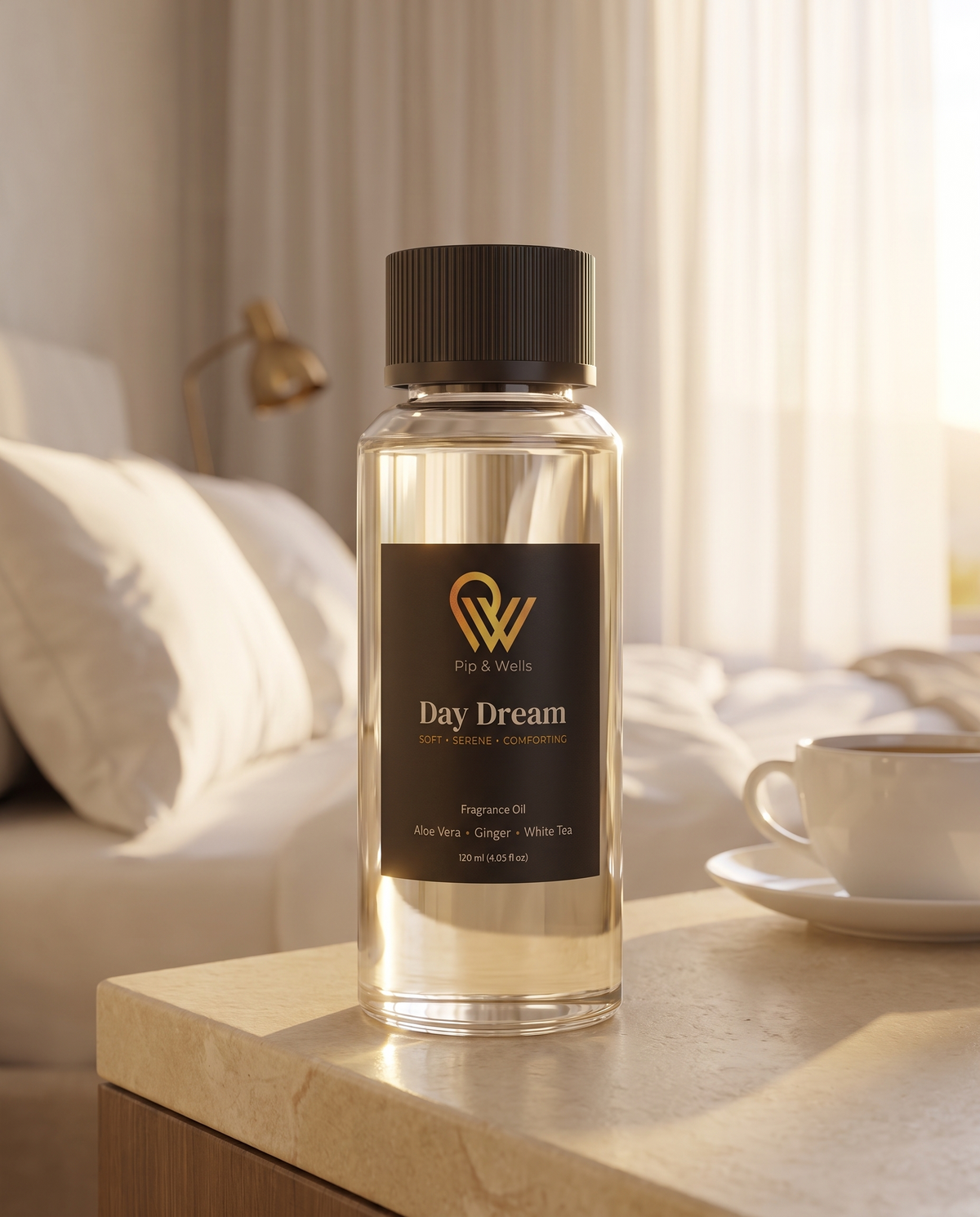 Frasco de aceite aromático Pip & Wells Day Dream 120 ml del set Essence of Luxury sobre una mesita de noche en un dormitorio de estilo hotelero
