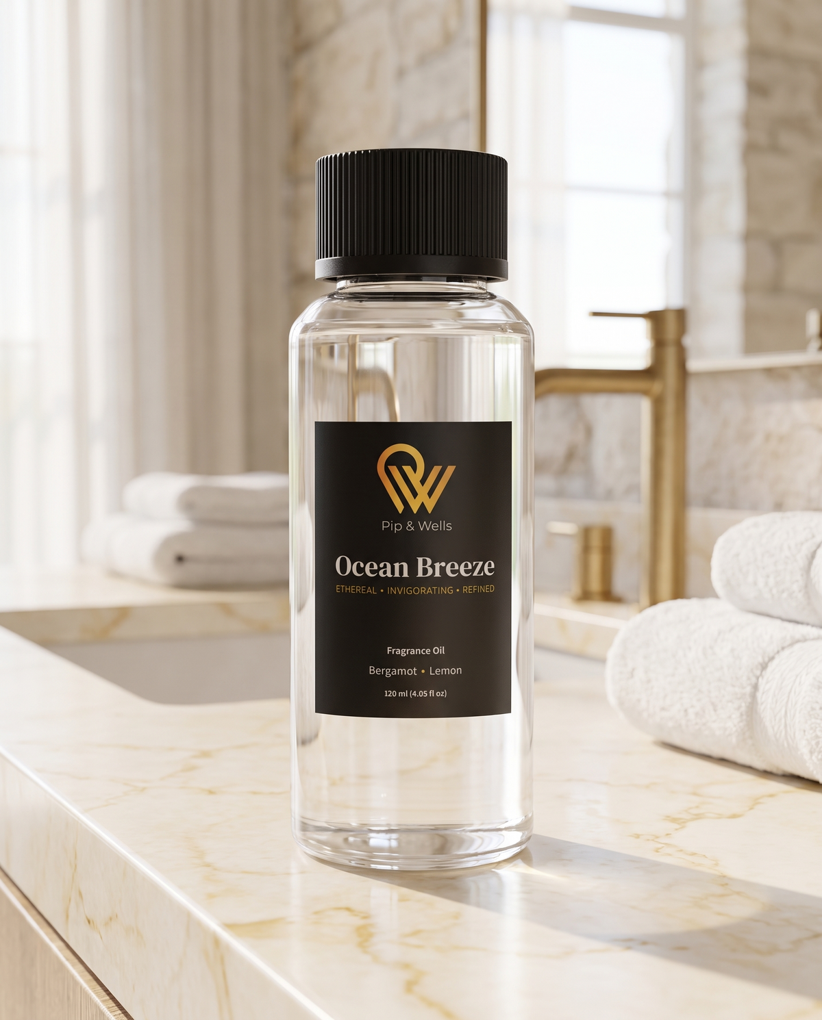 Frasco de aceite aromático Pip & Wells Ocean Breeze 120 ml del set Essence of Luxury sobre una encimera de mármol en un baño de estilo hotelero