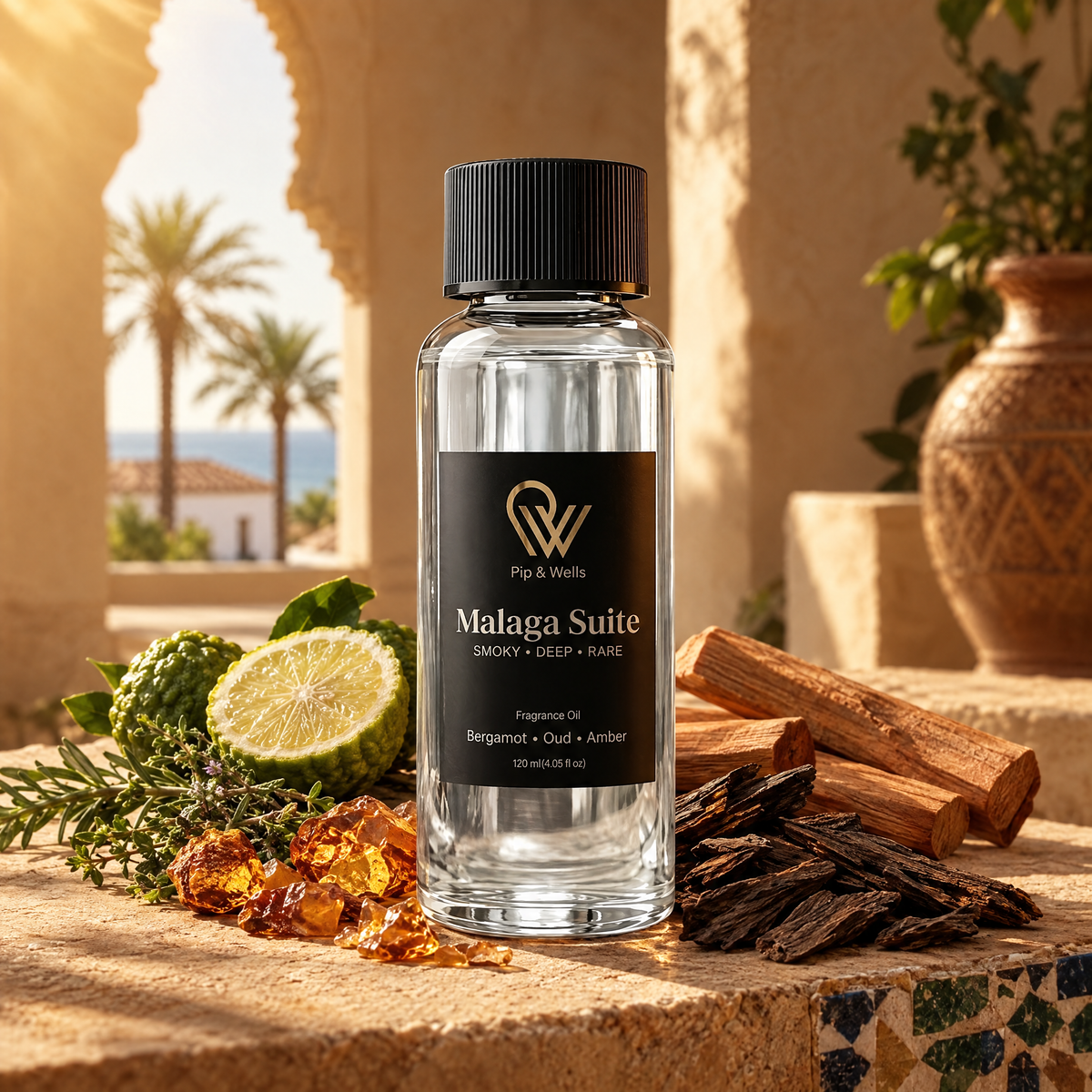 Aceite aromático Pip & Wells Malaga Suite 120 ml con sus ingredientes aromáticos: madera de oud, resina de ámbar, bergamota, sándalo y hierbas aromáticas