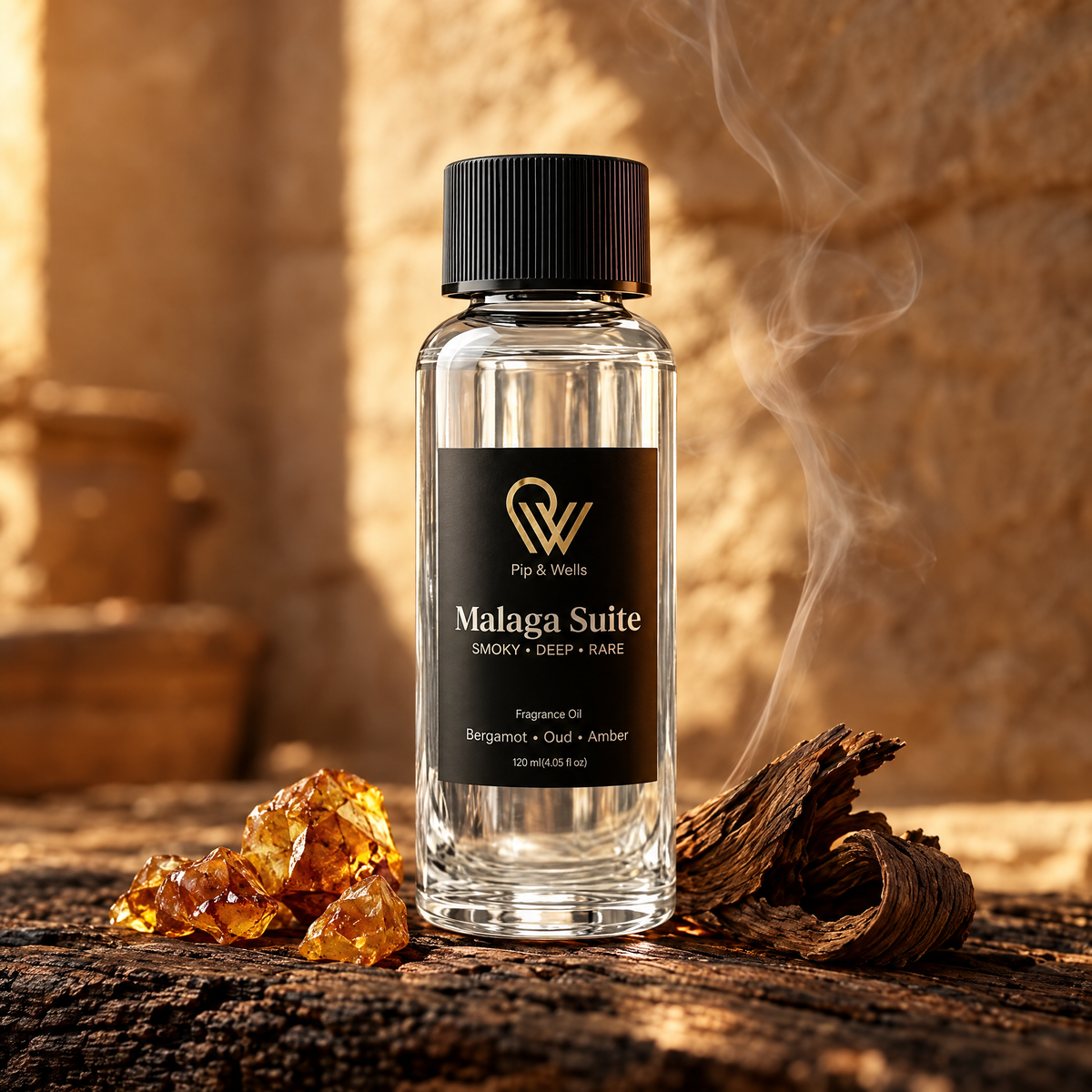 Primer plano del aceite aromático Pip & Wells Malaga Suite 120 ml con resina de ámbar y madera de oud bajo la cálida luz del atardecer