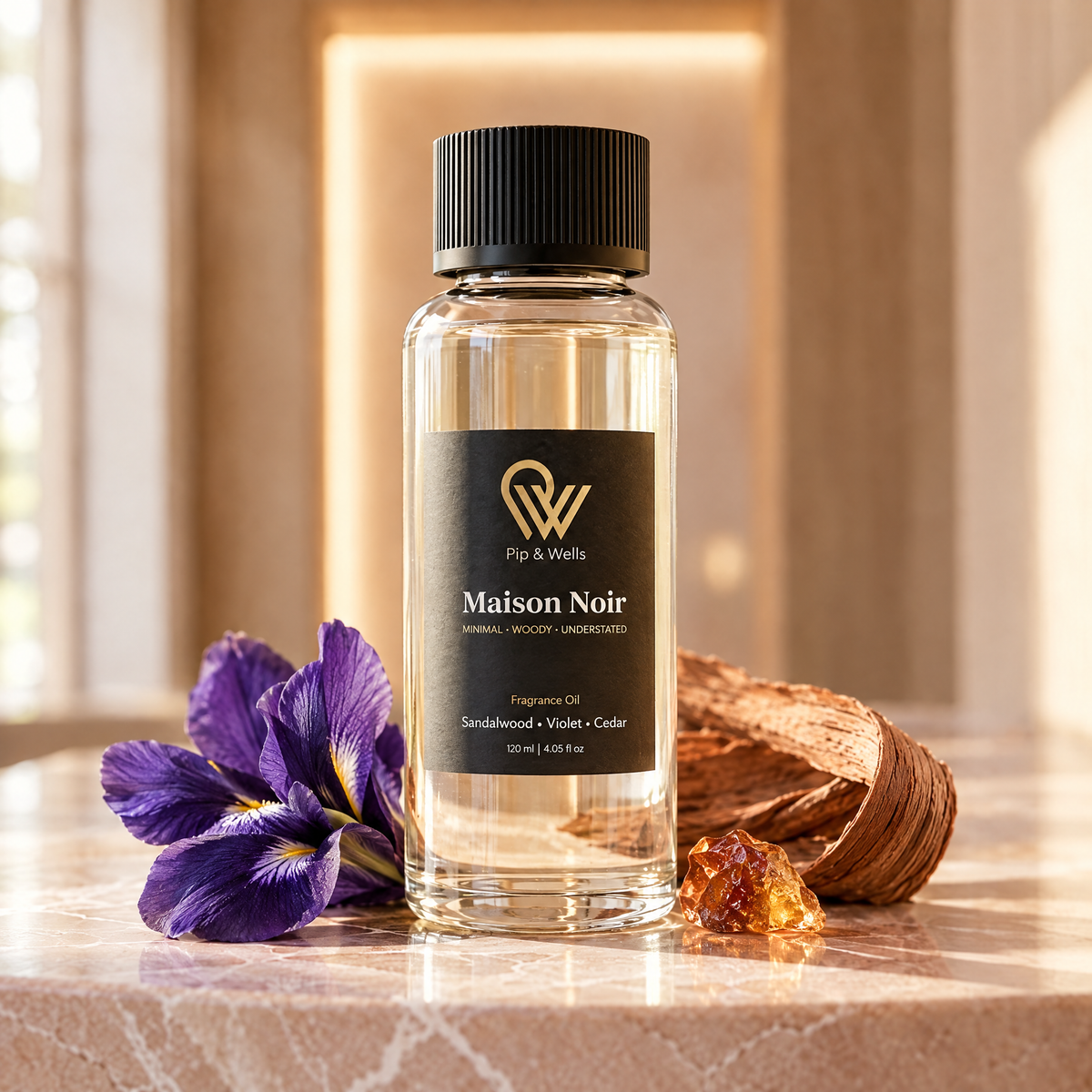 Primer plano del aceite aromático Pip & Wells Maison Noir 120 ml con iris, madera de cedro y resina de ámbar