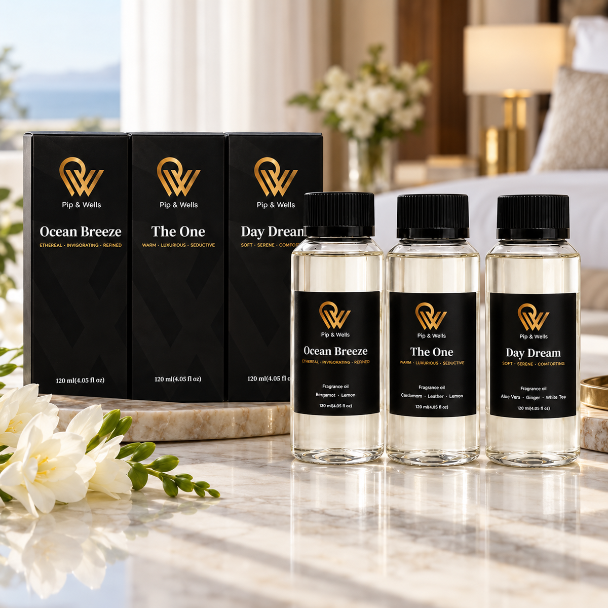 Set de regalo Pip & Wells Hotel Fragrances con los frascos Ocean Breeze, The One y Day Dream junto a sus cajas negras