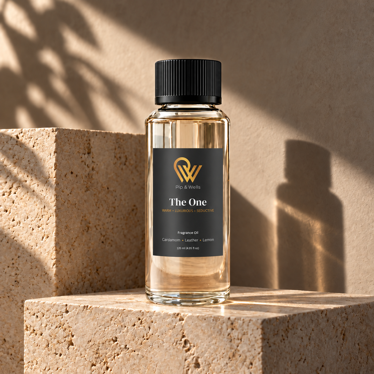 Frasco de aceite aromático Pip & Wells The One de 120 ml sobre bloques de piedra escultóricos bajo una cálida luz solar