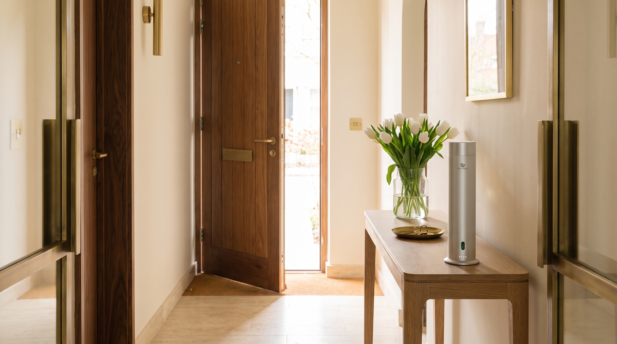Difusor Pure One en acabado Matte Silver sobre una consola de roble en un recibidor luminoso preparado para una visita a la vivienda.