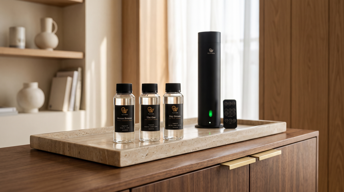 Aceites aromáticos Ocean Breeze, The One y Day Dream sobre una bandeja de travertino junto al difusor Pure One en acabado Matte Black.