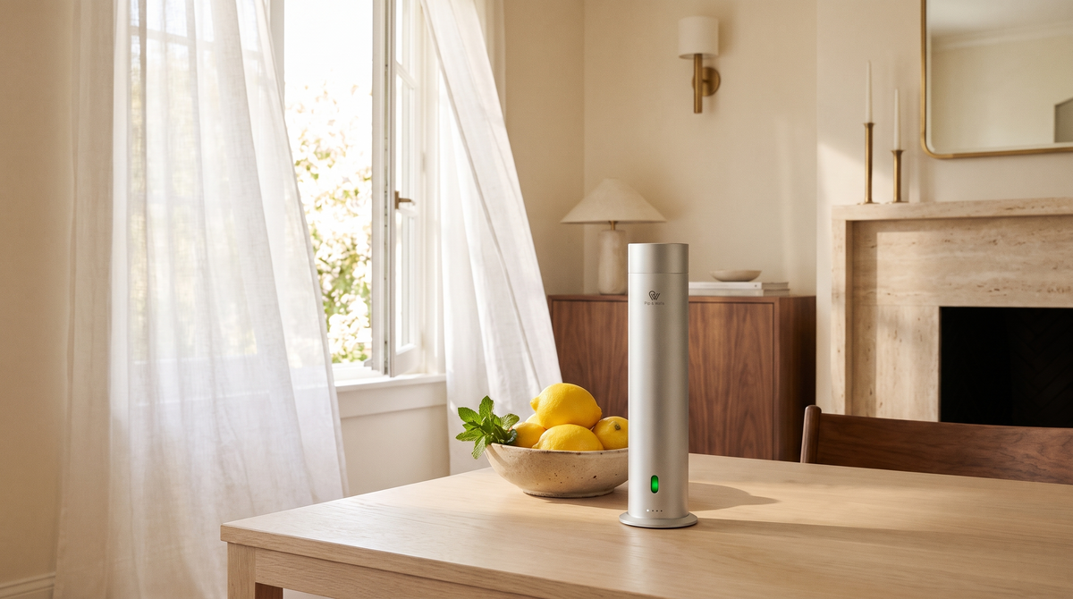 Difusor Pure One en acabado Matte Silver junto a un cuenco de limones en un salón veraniego y soleado con cortinas de lino.
