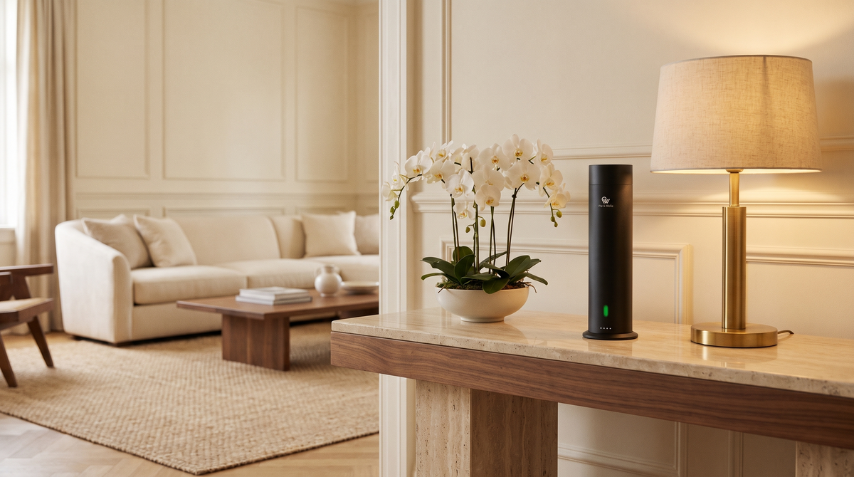 Difusor Pure One en acabado Matte Black sobre una consola de mármol con orquídeas blancas y una lámpara de latón en un salón de estilo hotelero.