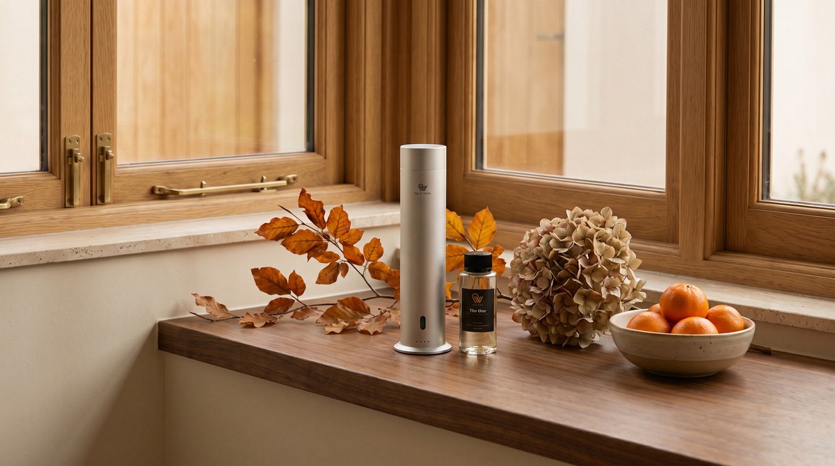 Difusor Pure One en acabado Matte Silver sobre un alféizar de nogal con hojas otoñales, hortensias secas y clementinas.