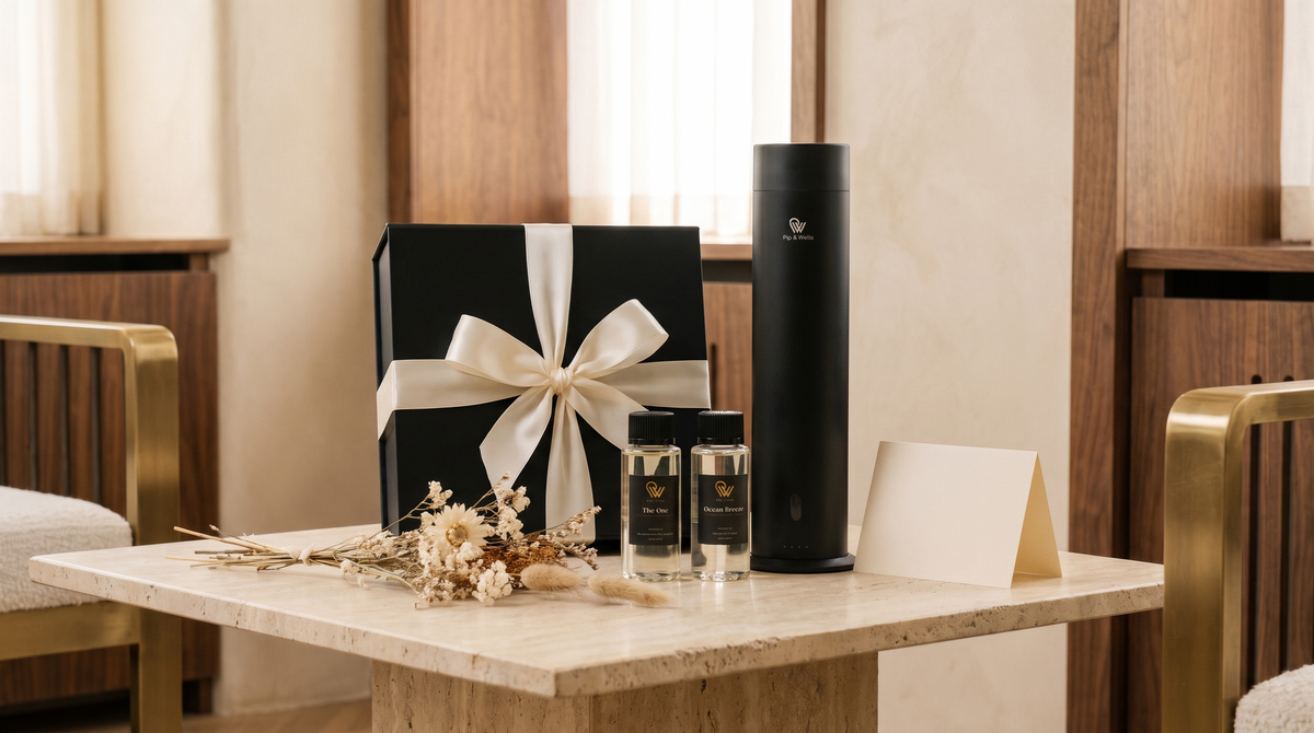 Caja de regalo Pip & Wells con cinta color marfil, difusor Pure One, aceites aromáticos y una tarjeta de regalo en blanco.