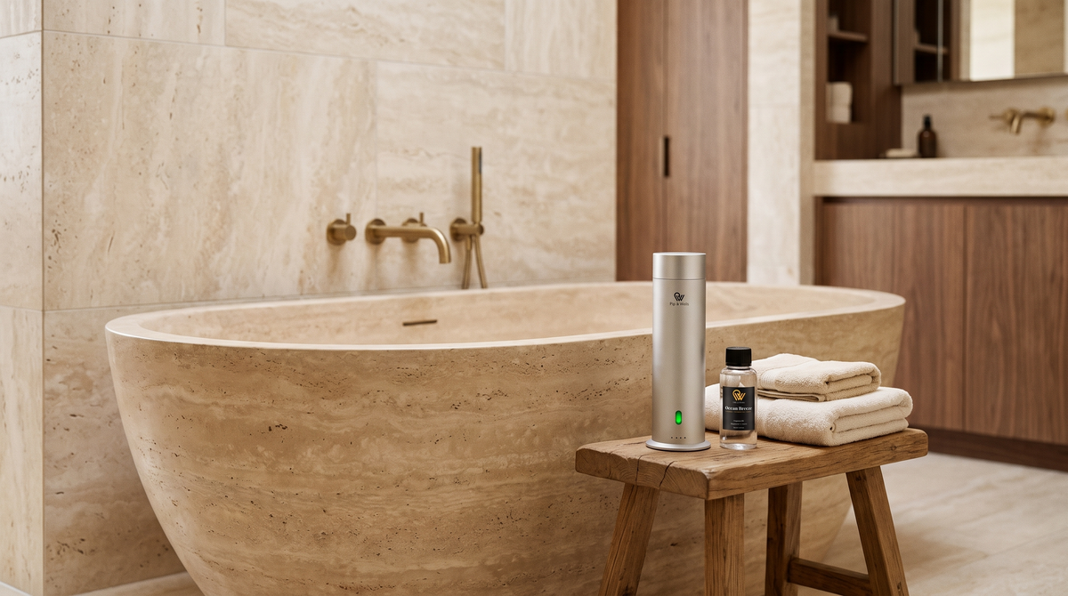 Difusor Pure One en acabado Matte Silver y aceite aromático Ocean Breeze sobre un taburete de roble junto a una bañera de travertino.
