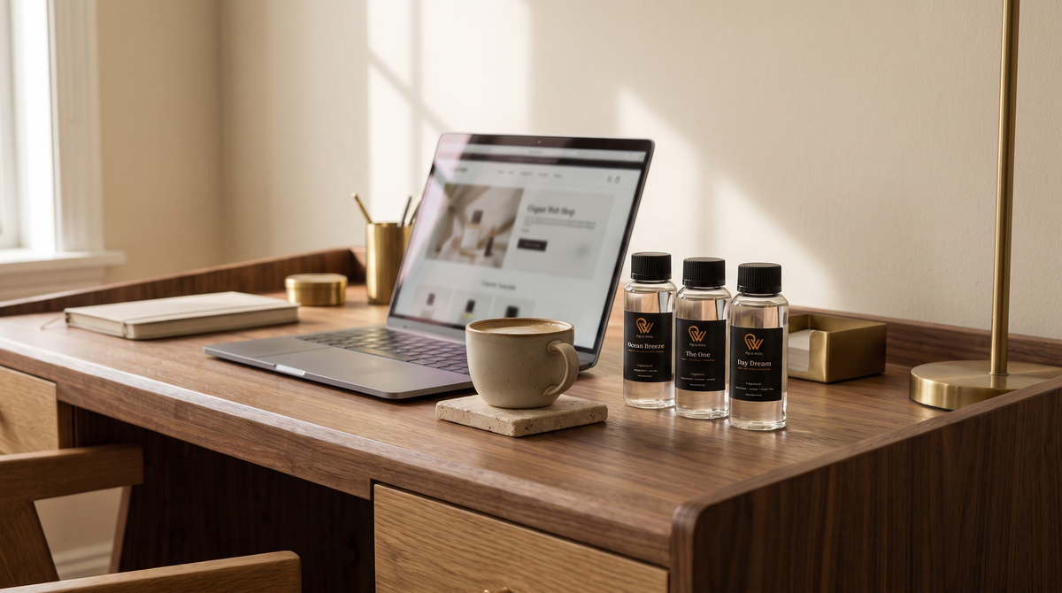 Portátil con una tienda online de fragancias junto a tres aceites aromáticos Pip & Wells y una taza de café.