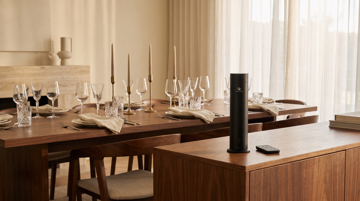 Difusor Pure One en acabado Matte Black sobre un aparador de nogal junto a una mesa de comedor puesta para invitados.