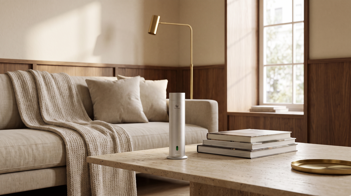 Difusor Pure One en acabado Matte Silver sobre una mesa de centro de travertino en un salón acogedor.