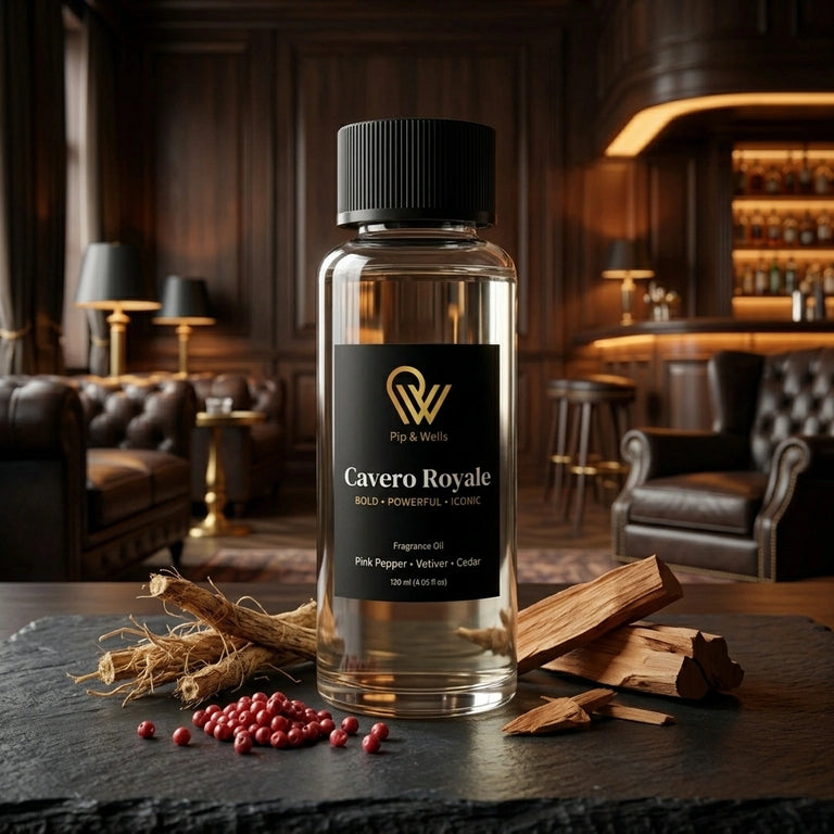 Pip & Wells Cavero Royale, aceite aromático 120 ml, frasco con elementos que representan las notas aromáticas
