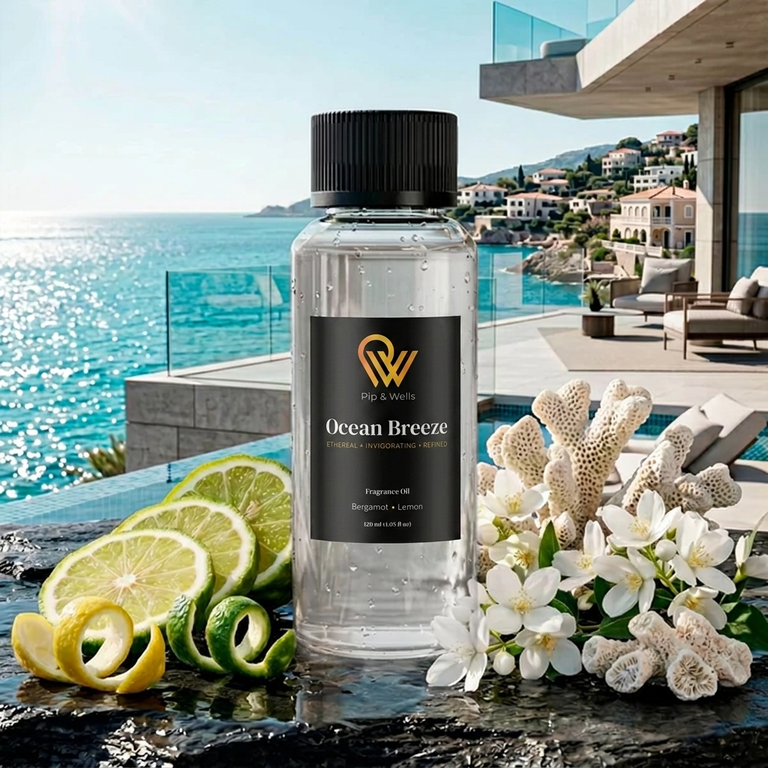 Pip & Wells Ocean Breeze, aceite aromático 120 ml, frasco con elementos que representan las notas aromáticas