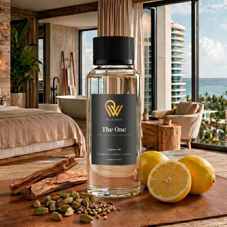 Pip & Wells The One, aceite aromático 120 ml, frasco con elementos que representan las notas aromáticas