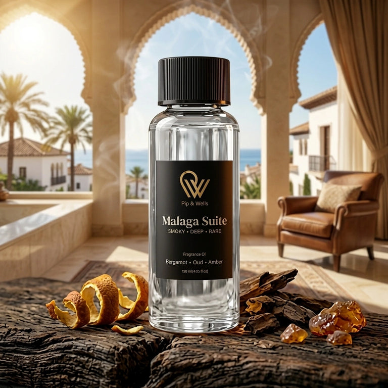 Pip & Wells Malaga Suite, aceite aromático 120 ml, frasco con elementos que representan las notas aromáticas