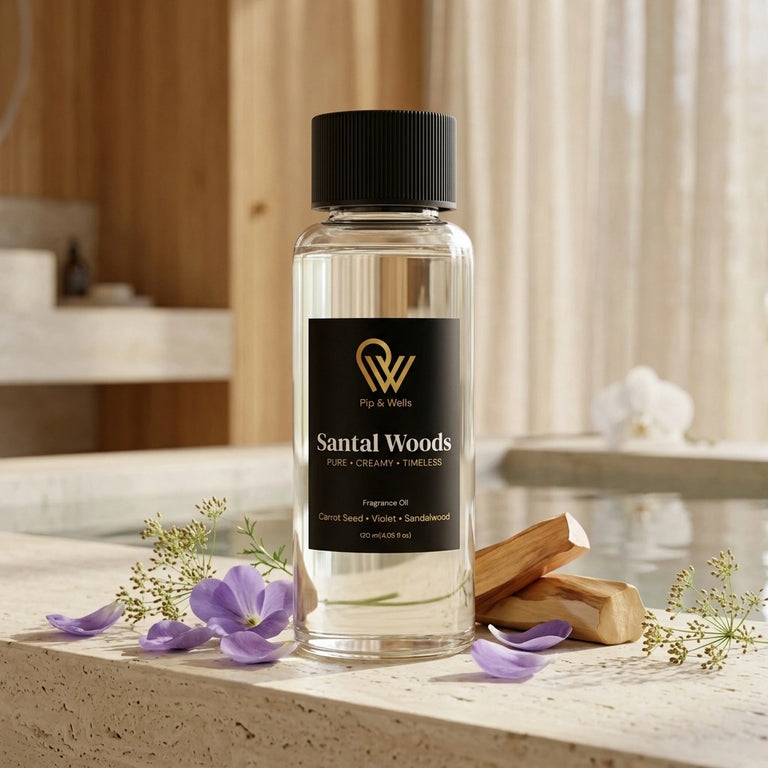 Pip & Wells Santal Woods, aceite aromático 120 ml, frasco con elementos que representan las notas aromáticas