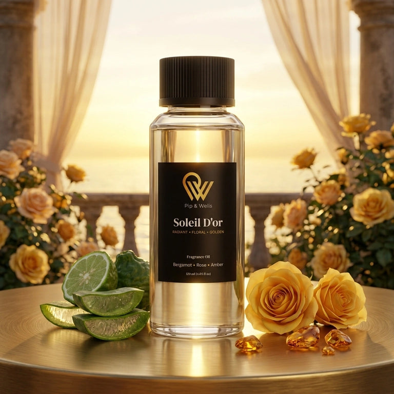 Pip & Wells Soleil D'or, aceite aromático 120 ml, frasco con elementos que representan las notas aromáticas
