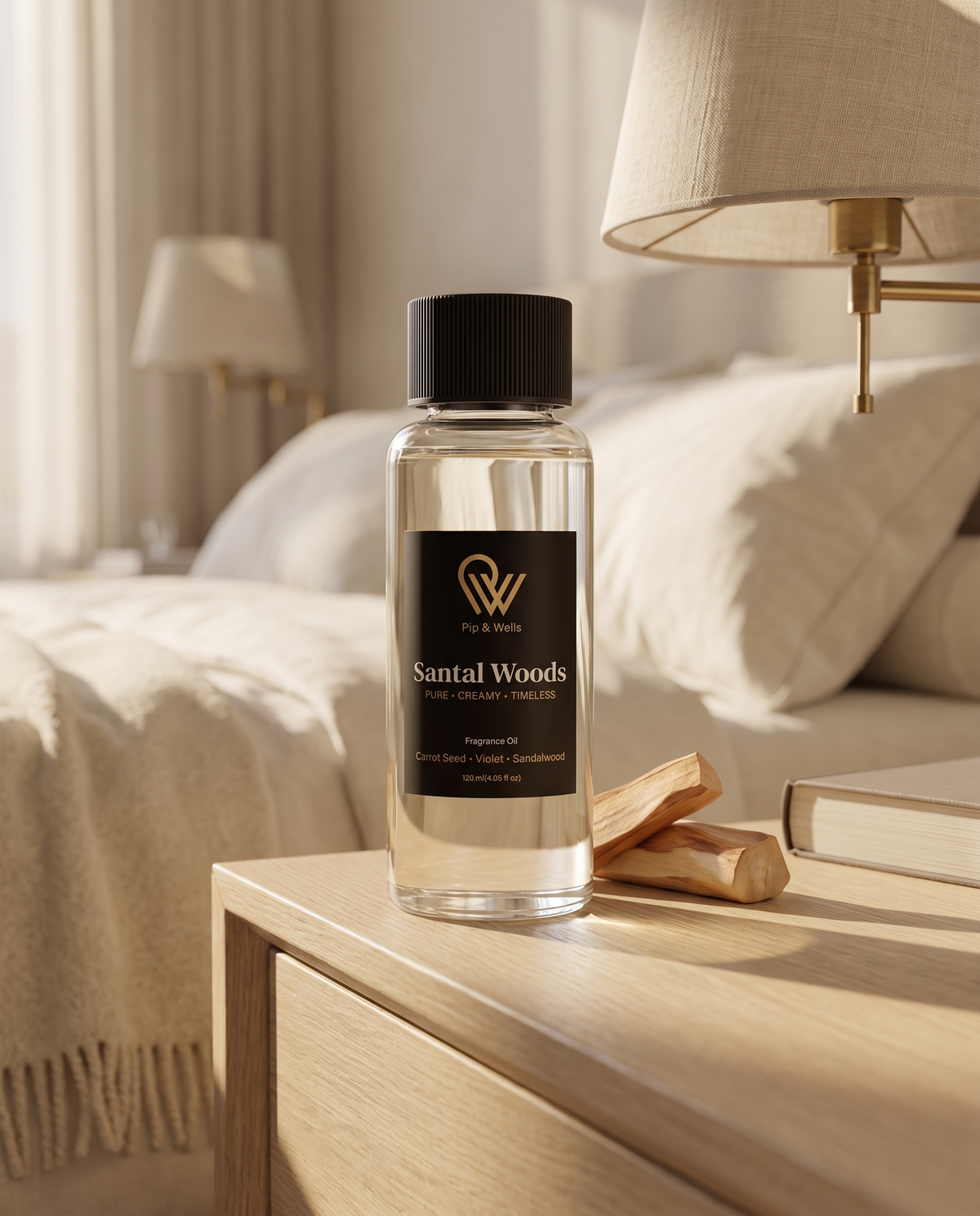 Frasco de aceite aromático Pip & Wells Santal Woods 120 ml sobre una mesita de noche de roble en una tranquila habitación de hotel