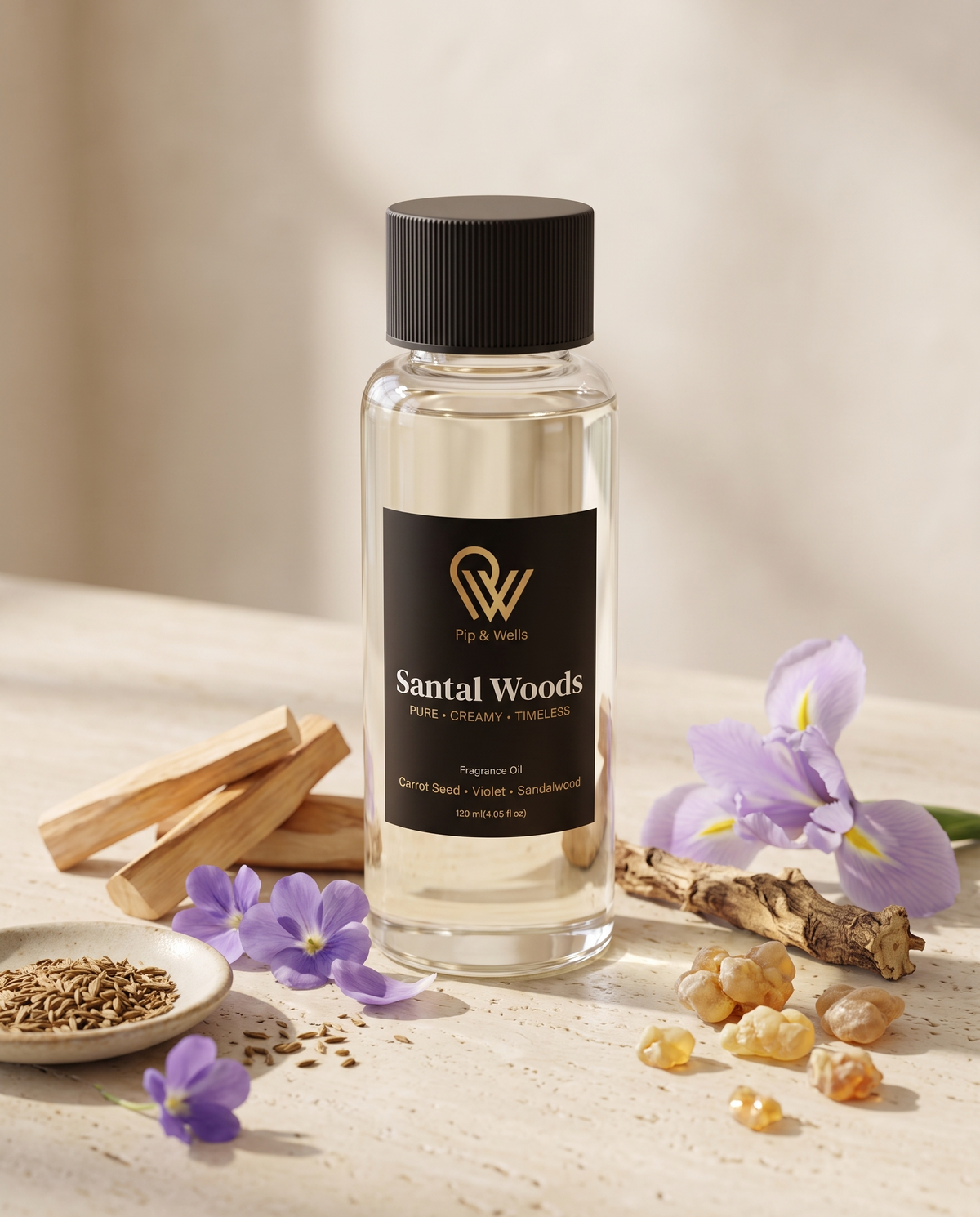 Frasco de aceite aromático Pip & Wells Santal Woods 120 ml con sus notas aromáticas: sándalo, semilla de zanahoria, violeta, iris y resina de benjuí