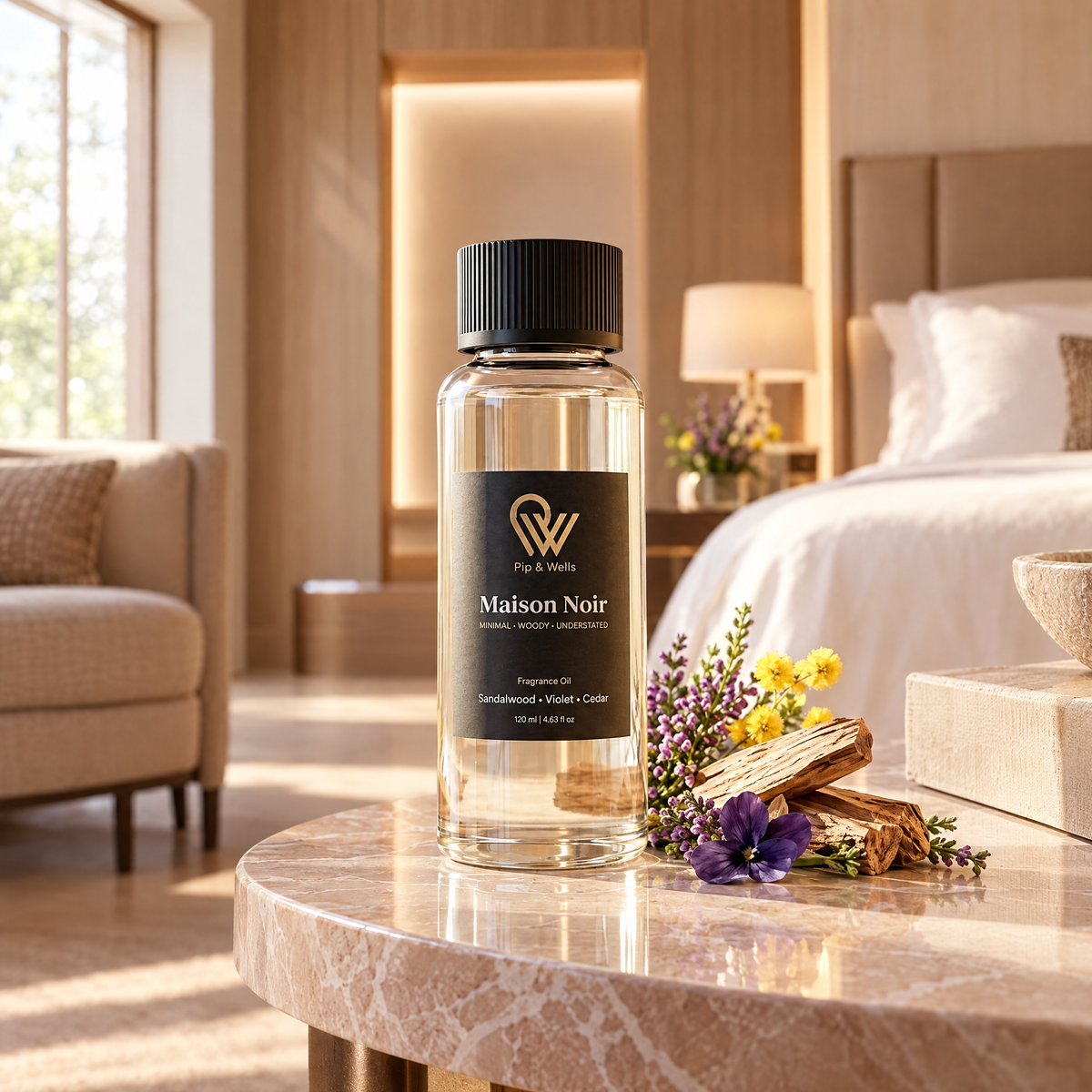 Aceite aromático Pip & Wells Maison Noir 120 ml sobre una mesa auxiliar en una suite de hotel con iluminación tenue