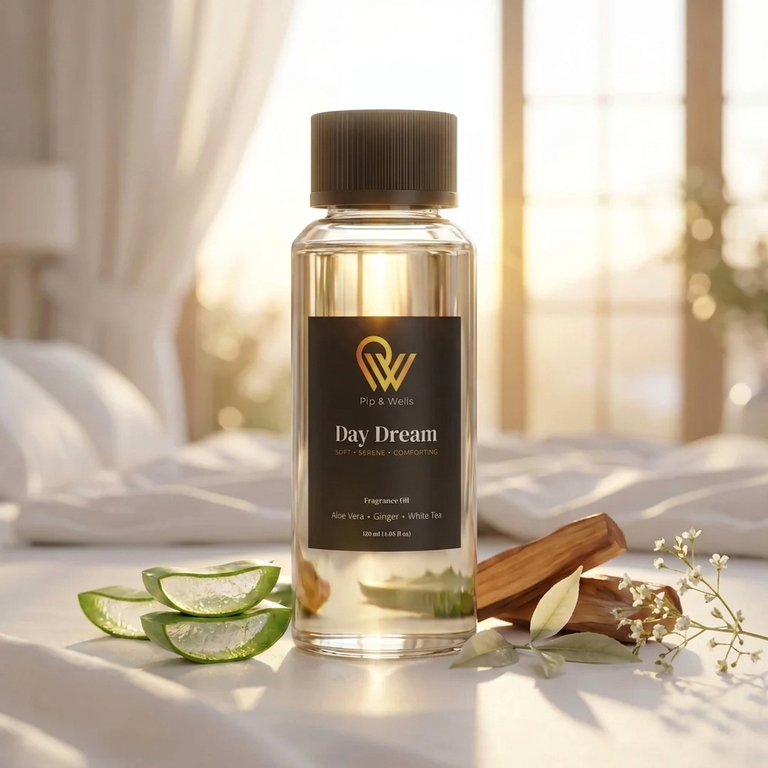 Pip & Wells Day Dream, aceite aromático 120 ml, frasco con elementos que representan las notas aromáticas