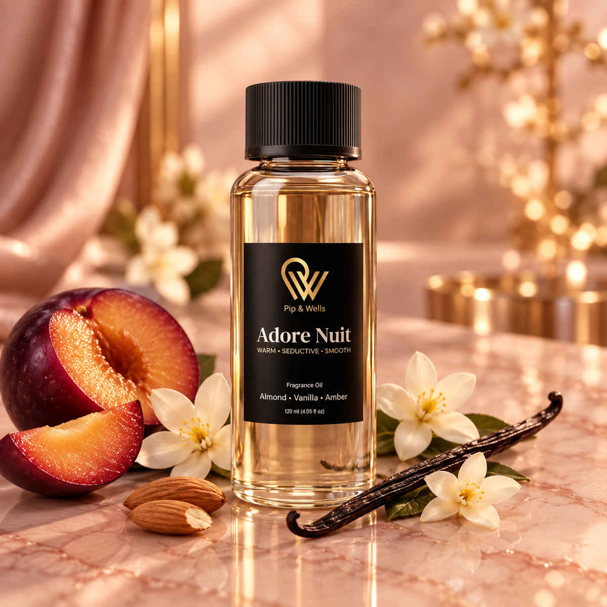Frasco de aceite aromático Pip & Wells Adore Nuit 120 ml con sus notas aromáticas: ciruela, almendra, vainilla y jazmín
