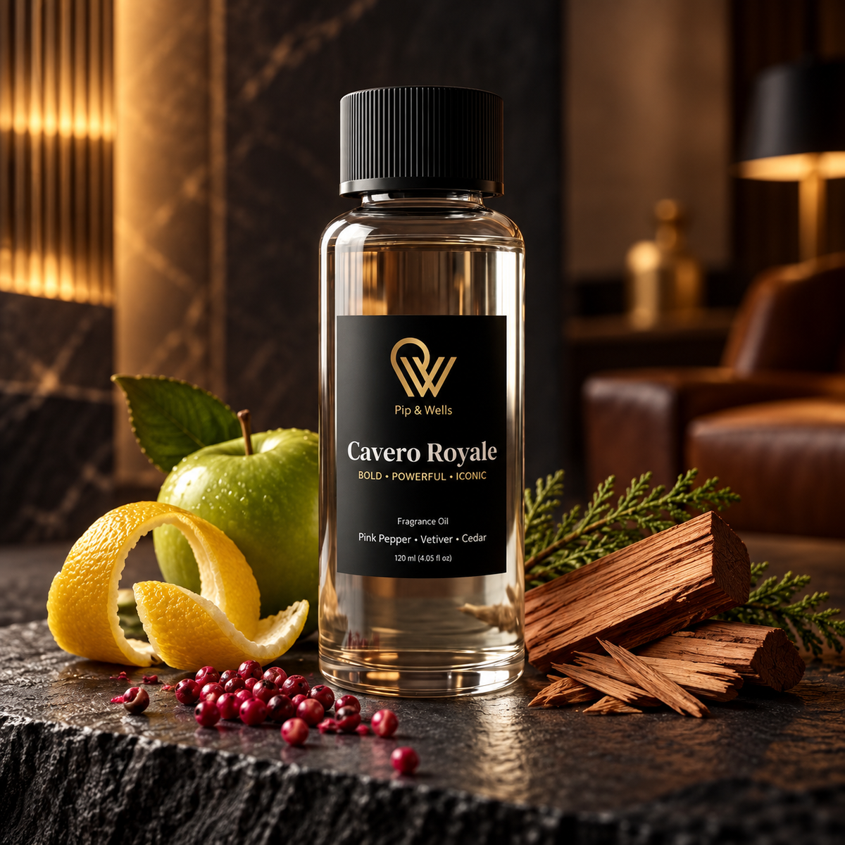 Frasco de aceite aromático Pip & Wells Cavero Royale 120 ml en un salón de hotel oscuro con manzana, piel de limón, pimienta rosa y madera de cedro