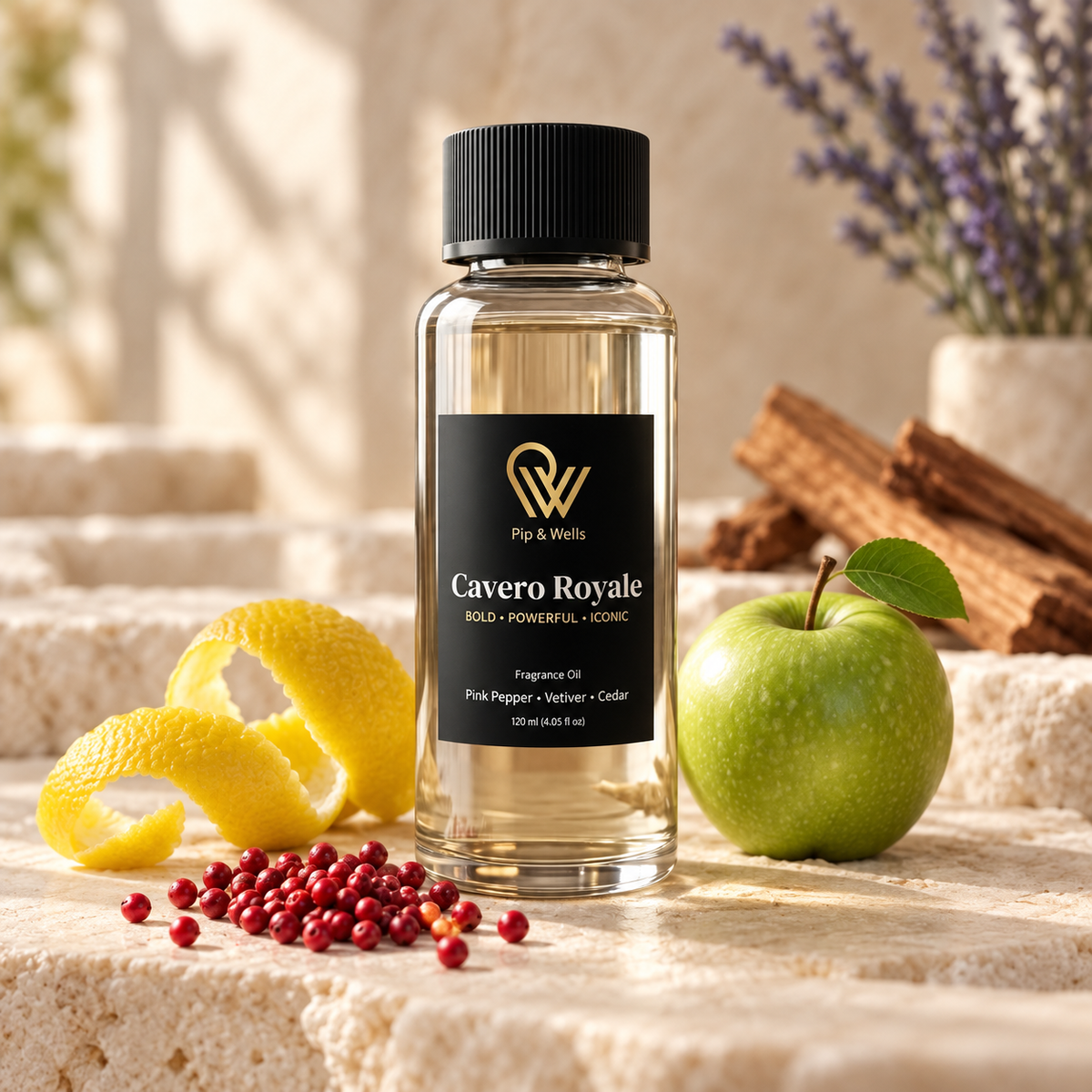 Frasco de aceite aromático Pip & Wells Cavero Royale 120 ml con sus notas aromáticas: limón, pimienta rosa, manzana, lavanda y cedro