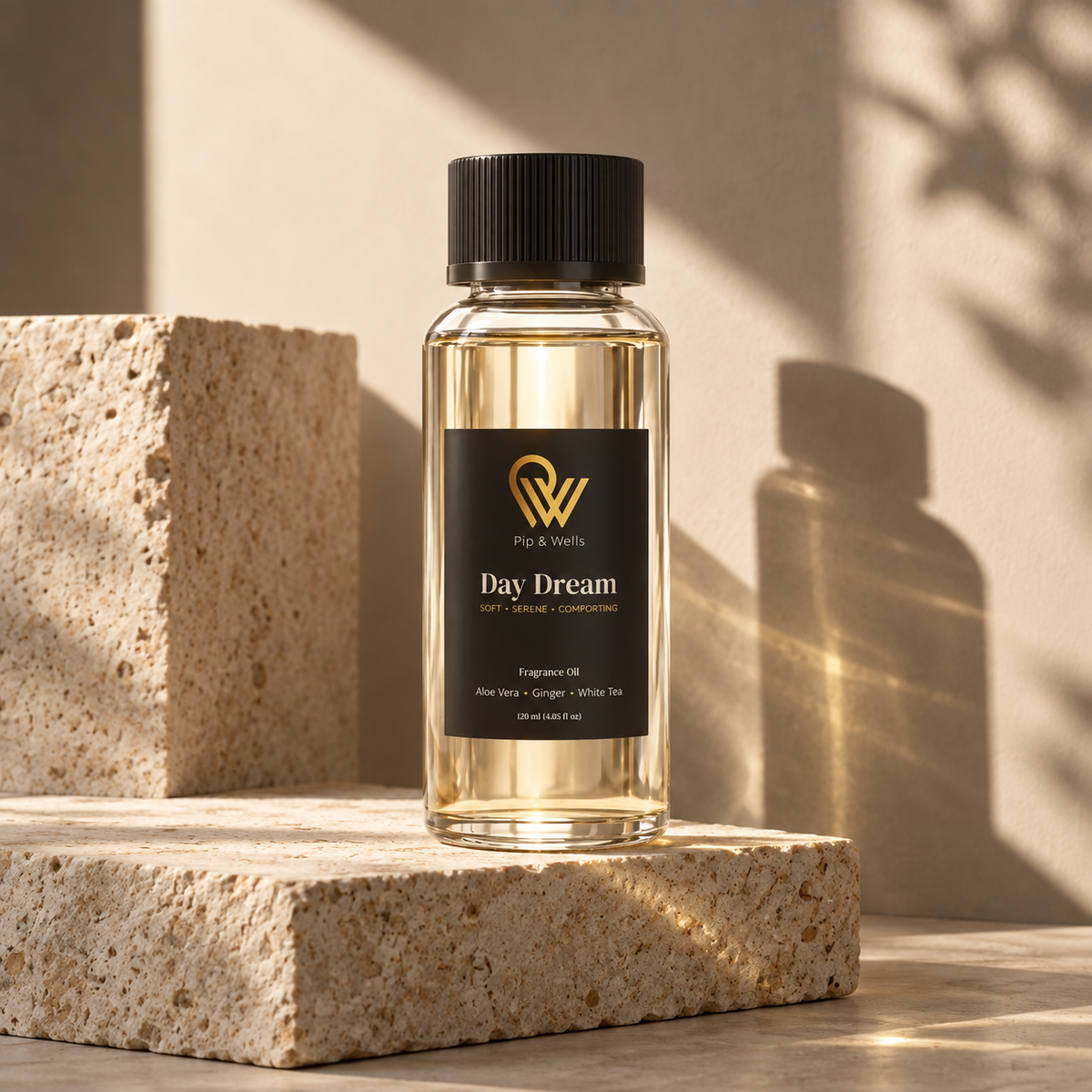 Frasco de aceite aromático Pip & Wells Day Dream de 120 ml sobre bloques de piedra escultóricos bajo una cálida luz solar