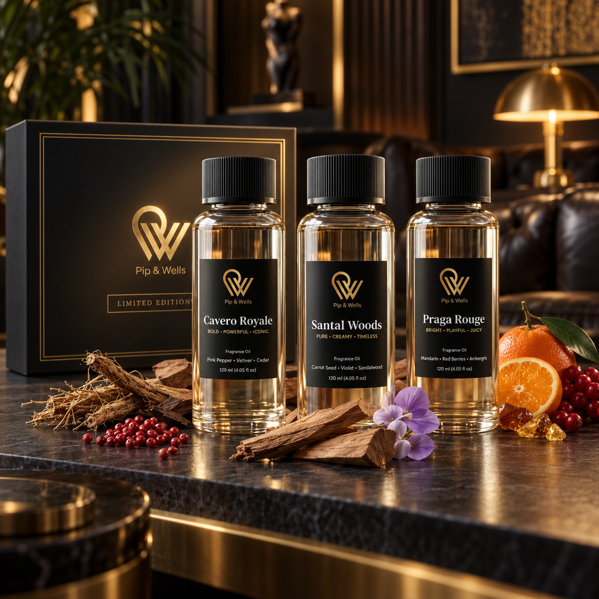 Set de regalo de aceites aromáticos Pip & Wells Limited Edition con tres frascos de 120 ml y una caja de regalo negra sobre mármol oscuro
