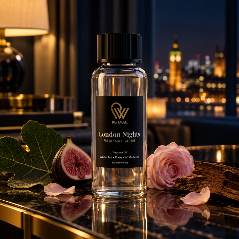 Pip & Wells London Nights, aceite aromático 120 ml, en un interior con luz suave al anochecer