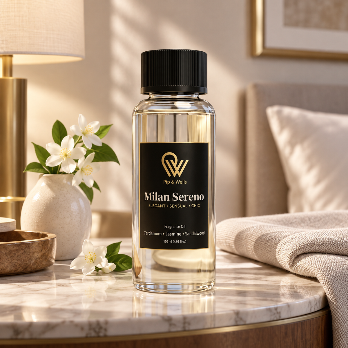 Frasco de aceite aromático Pip & Wells Milan Sereno 120 ml sobre una mesita de noche de mármol en una habitación de hotel con jazmín
