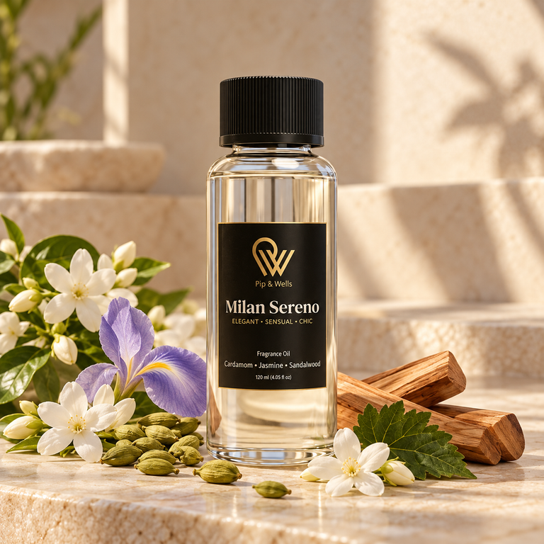 Pip & Wells Milan Sereno, aceite aromático 120 ml, frasco con elementos que representan las notas aromáticas