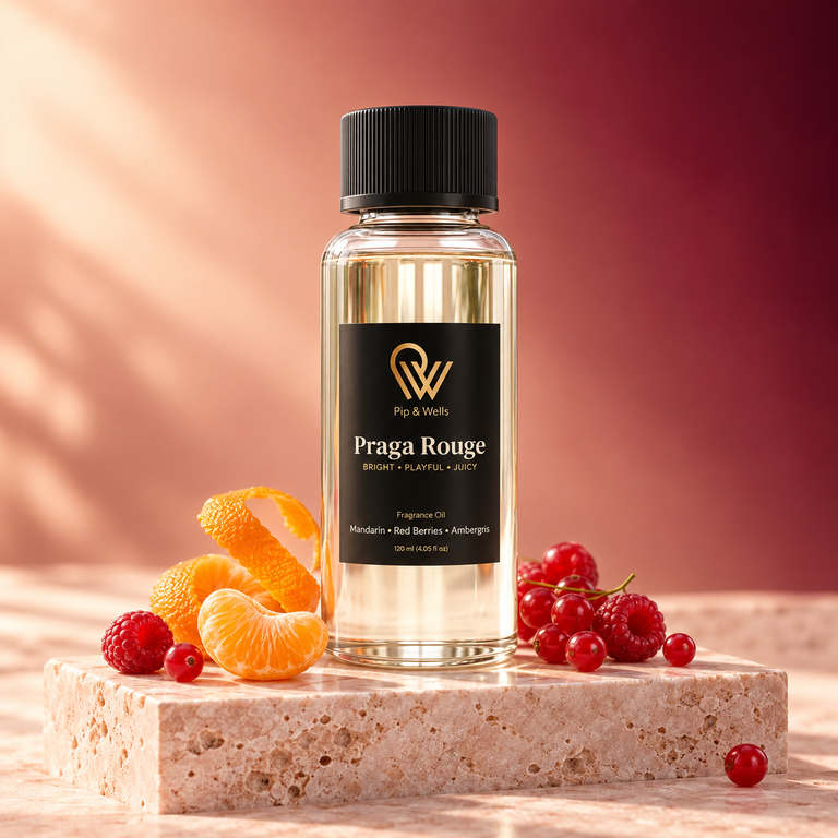Pip & Wells Praga Rouge, aceite aromático 120 ml, frasco con elementos que representan las notas aromáticas
