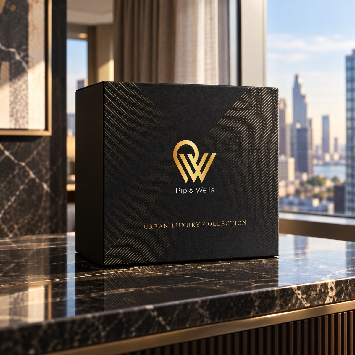 Caja de regalo negra Pip & Wells Urban Luxury Collection sobre una consola de mármol con vistas a la ciudad